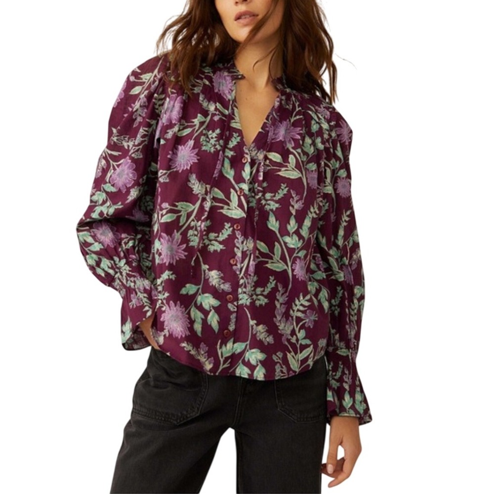 Free People Meant to Be Floral Puff‎ Sleeve Button Up Blouse Top NWT